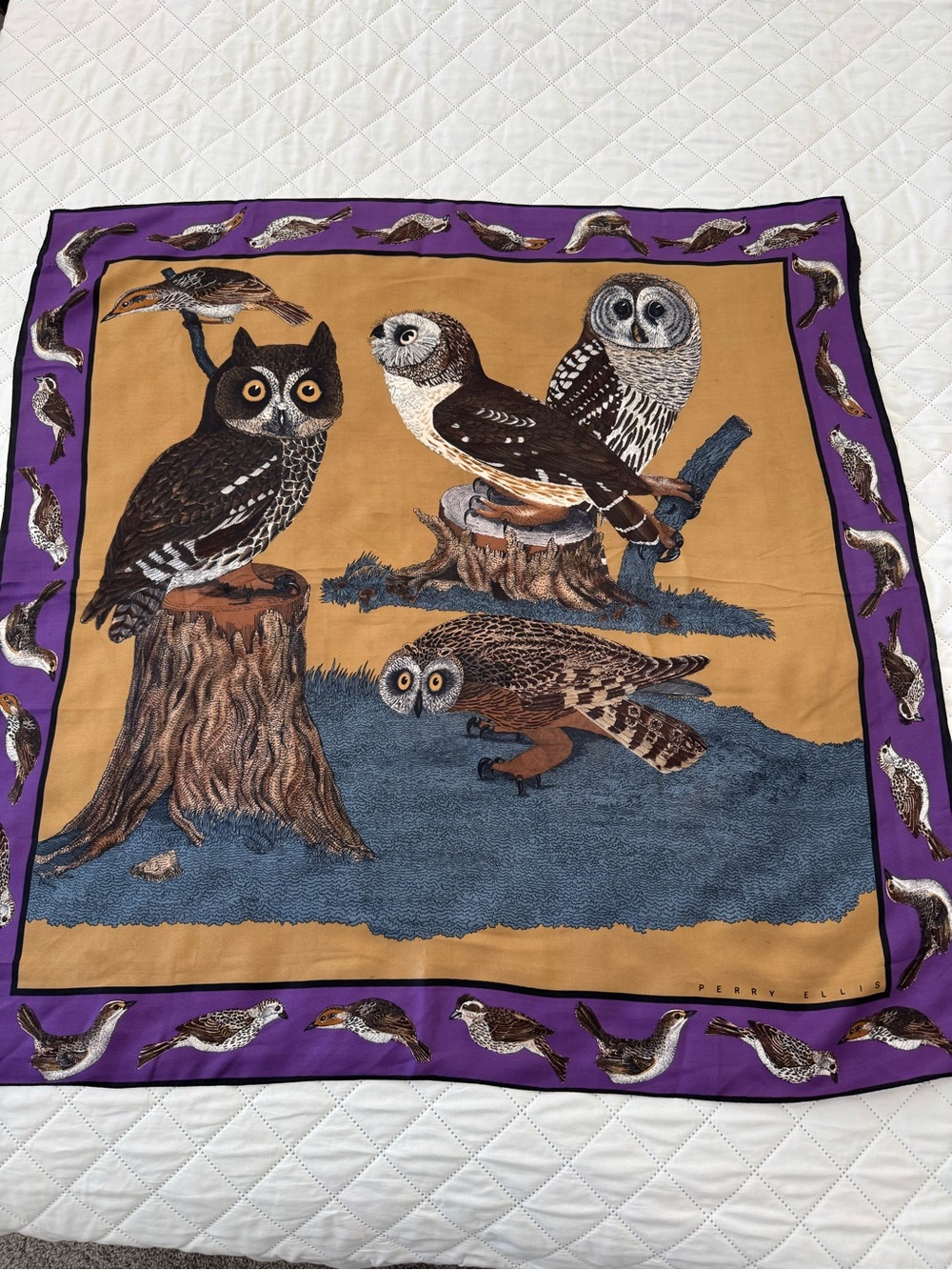Perry Ellis 100% Silk Owl Bird Print Scarf 35” Square Purple Woodland
